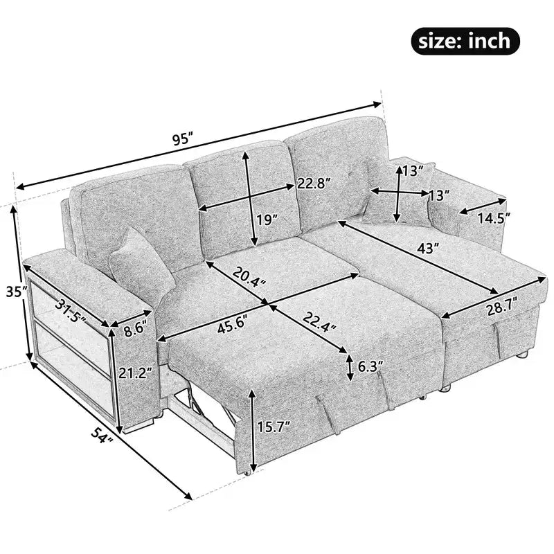 Canapé d'angle convertible réversible en L avec chaise longue de rangement, étagère latérale et 2 tabourets – Canapé-lit gigogne pour salon