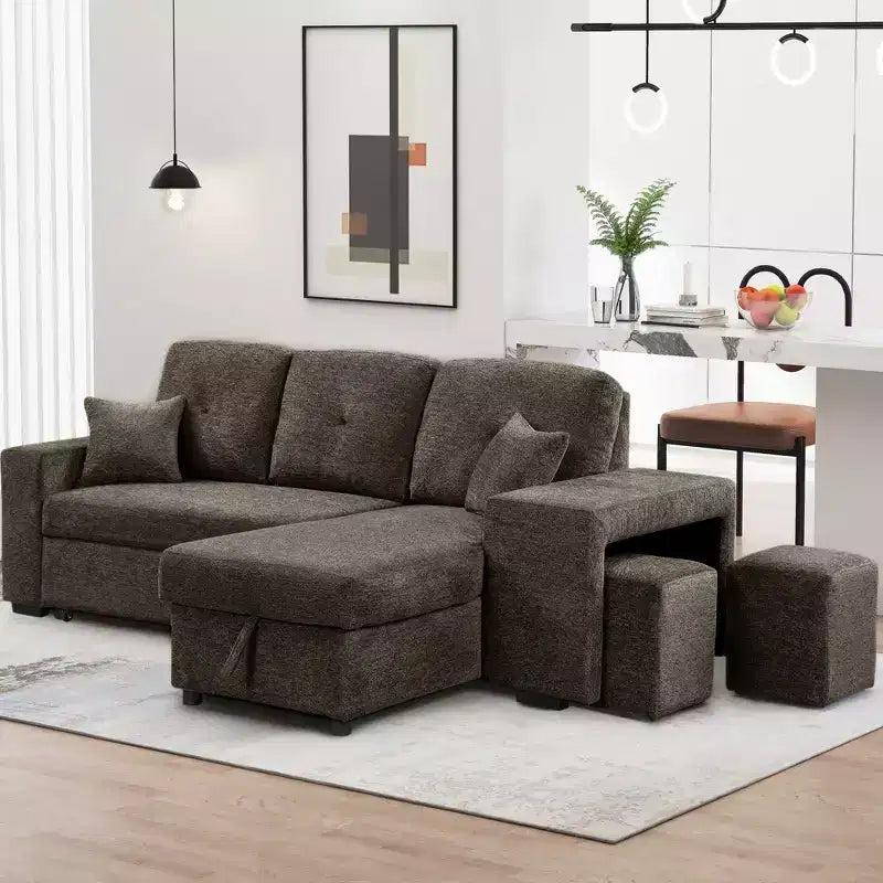 Canapé d'angle convertible réversible en L avec chaise longue de rangement, étagère latérale et 2 tabourets – Canapé-lit gigogne pour salon