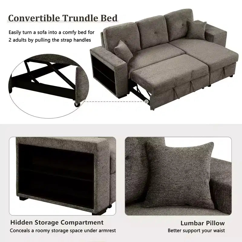 Canapé d'angle convertible réversible en L avec chaise longue de rangement, étagère latérale et 2 tabourets – Canapé-lit gigogne pour salon