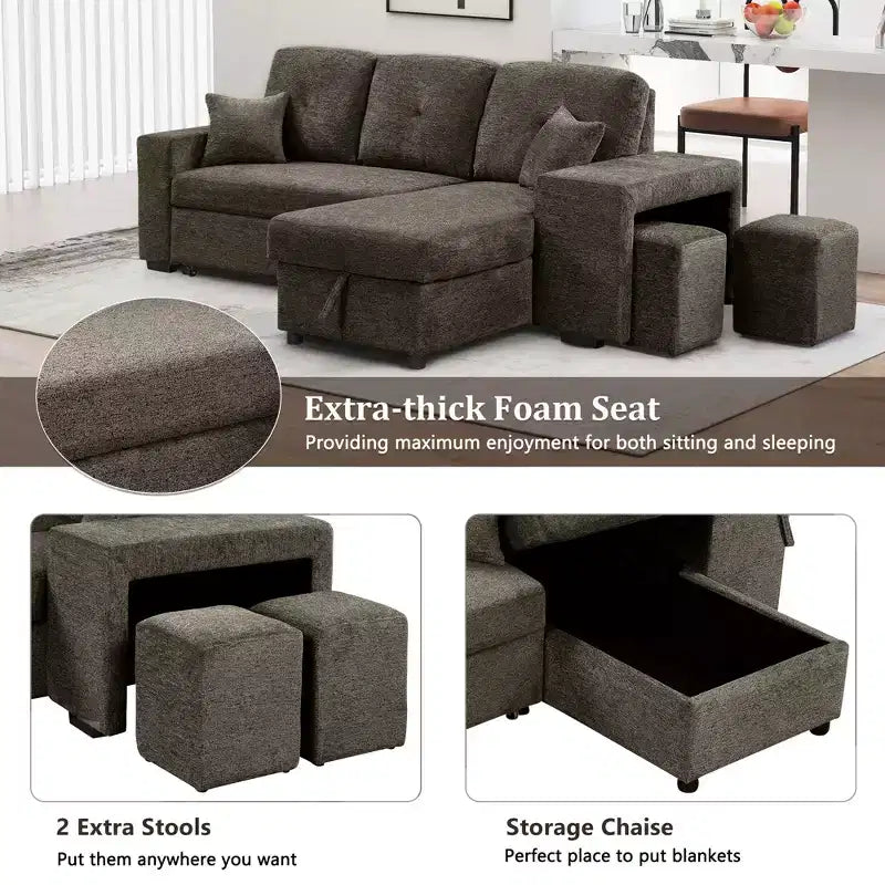 Canapé d'angle convertible réversible en L avec chaise longue de rangement, étagère latérale et 2 tabourets – Canapé-lit gigogne pour salon