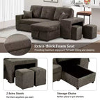 Canapé d'angle convertible réversible en L avec chaise longue de rangement, étagère latérale et 2 tabourets – Canapé-lit gigogne pour salon