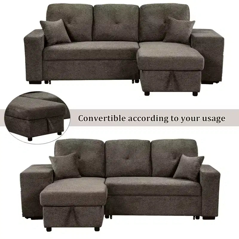 Canapé d'angle convertible réversible en L avec chaise longue de rangement, étagère latérale et 2 tabourets – Canapé-lit gigogne pour salon