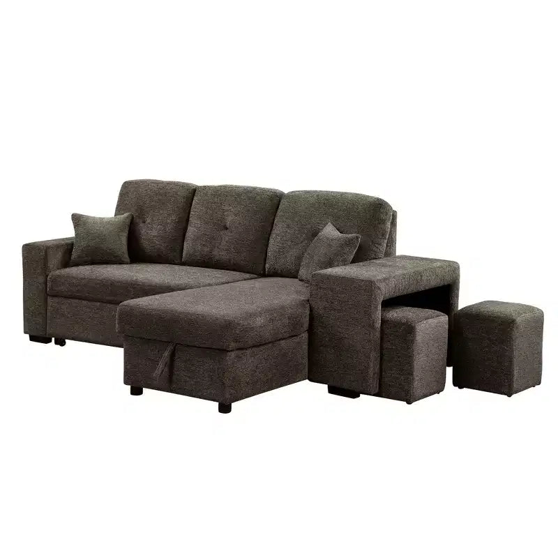 Canapé d'angle convertible réversible en L avec chaise longue de rangement, étagère latérale et 2 tabourets – Canapé-lit gigogne pour salon