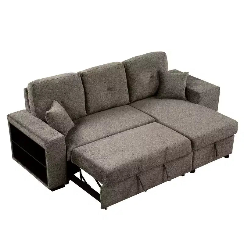 Canapé d'angle convertible réversible en L avec chaise longue de rangement, étagère latérale et 2 tabourets – Canapé-lit gigogne pour salon