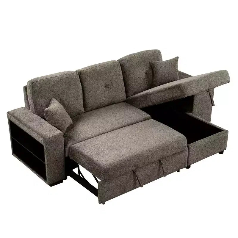 Canapé d'angle convertible réversible en L avec chaise longue de rangement, étagère latérale et 2 tabourets – Canapé-lit gigogne pour salon