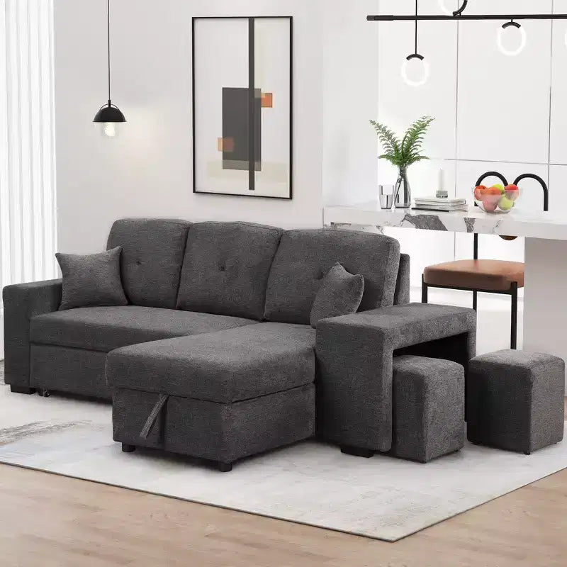 Canapé d'angle convertible réversible en L avec chaise longue de rangement, étagère latérale et 2 tabourets – Canapé-lit gigogne pour salon