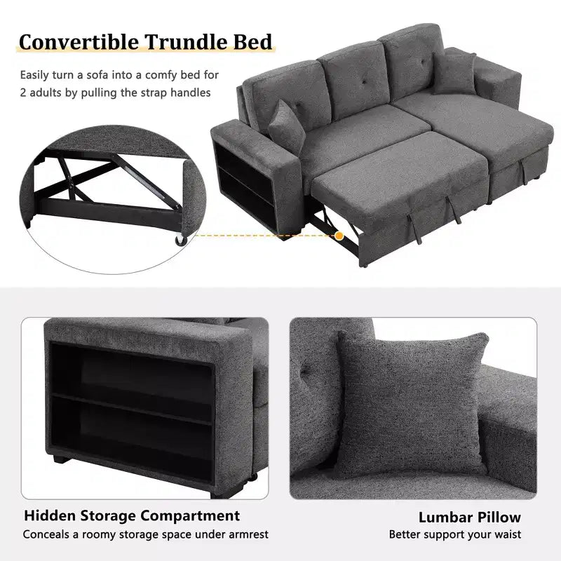 Canapé d'angle convertible réversible en L avec chaise longue de rangement, étagère latérale et 2 tabourets – Canapé-lit gigogne pour salon