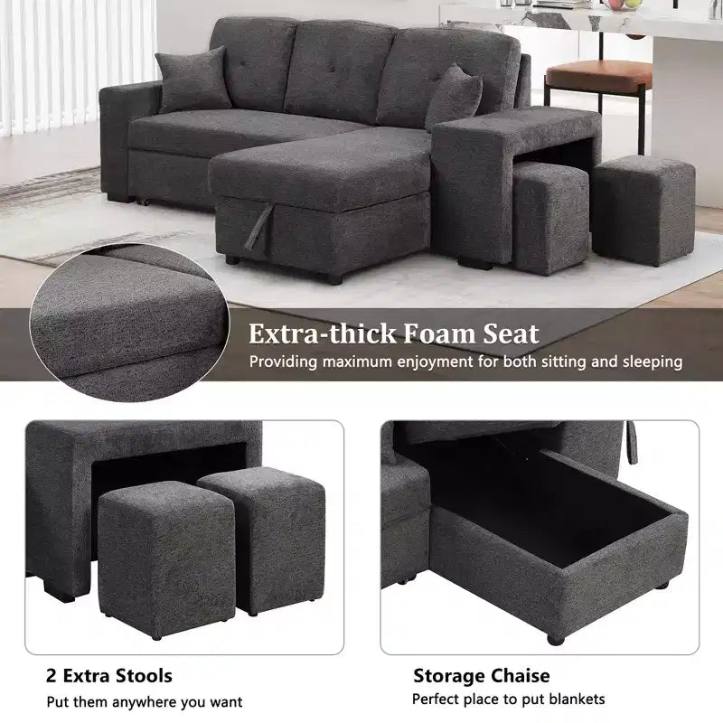 Canapé d'angle convertible réversible en L avec chaise longue de rangement, étagère latérale et 2 tabourets – Canapé-lit gigogne pour salon