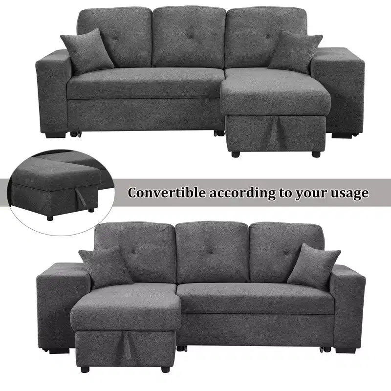 Canapé d'angle convertible réversible en L avec chaise longue de rangement, étagère latérale et 2 tabourets – Canapé-lit gigogne pour salon