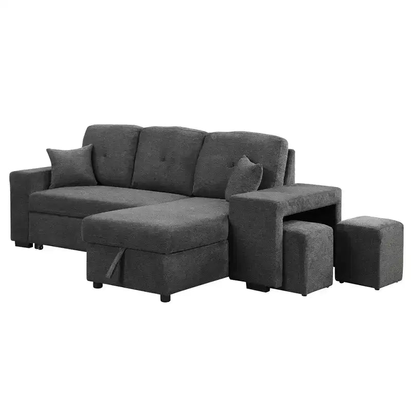 Canapé d'angle convertible réversible en L avec chaise longue de rangement, étagère latérale et 2 tabourets – Canapé-lit gigogne pour salon