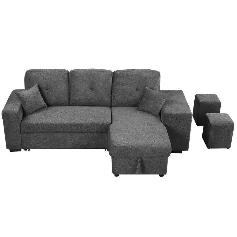 Canapé d'angle convertible réversible en L avec chaise longue de rangement, étagère latérale et 2 tabourets – Canapé-lit gigogne pour salon