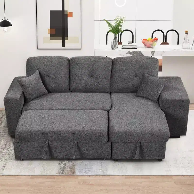 Reversible L-Shape Sleeper Sectional Sofa with Storage Chaise, Side Shelf & 2 Stools - Pull-Out Sofa Bed for Living Room