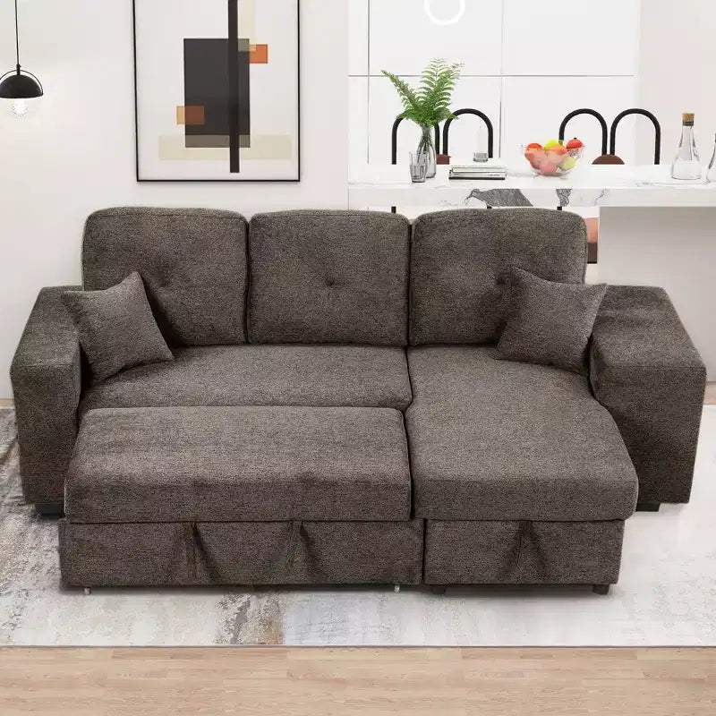 Canapé d'angle convertible réversible en L avec chaise longue de rangement, étagère latérale et 2 tabourets – Canapé-lit gigogne pour salon