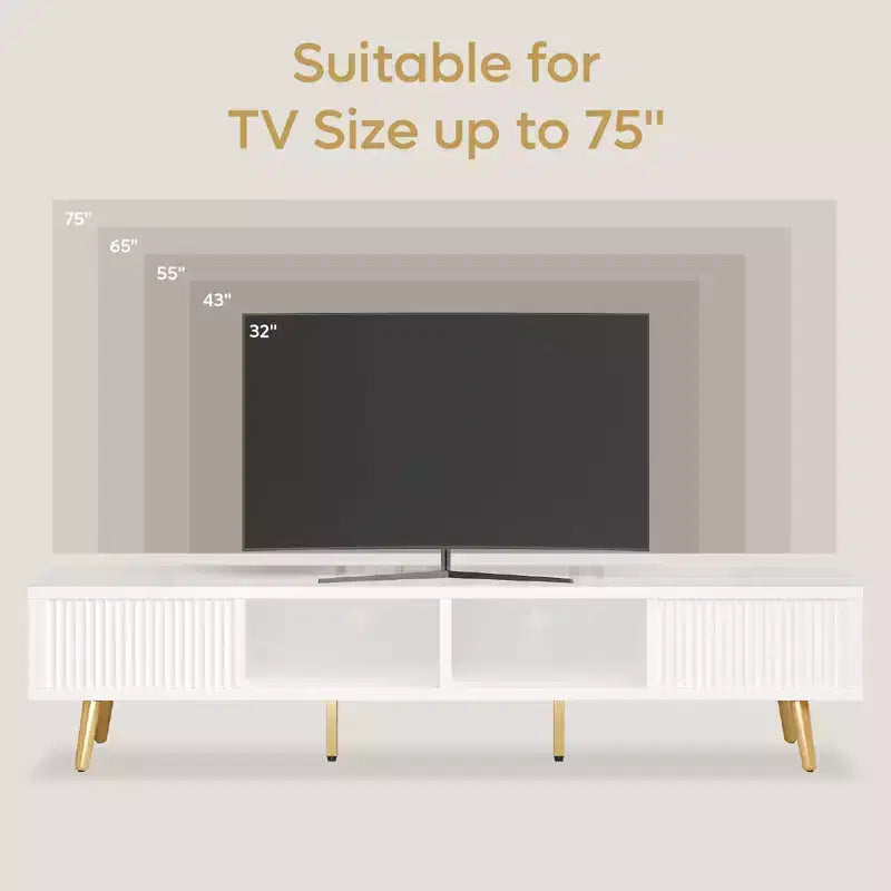 Meuble TV moderne Bestier 71 pour téléviseur 75/80 pouces avec portes coulissantes cannelées, centre de divertissement haute brillance avec rangement pour salon, gestion des câbles