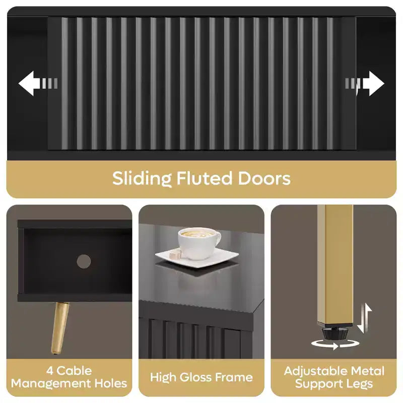 Meuble TV moderne Bestier 71 pour téléviseur 75/80 pouces avec portes coulissantes cannelées, centre de divertissement haute brillance avec rangement pour salon, gestion des câbles