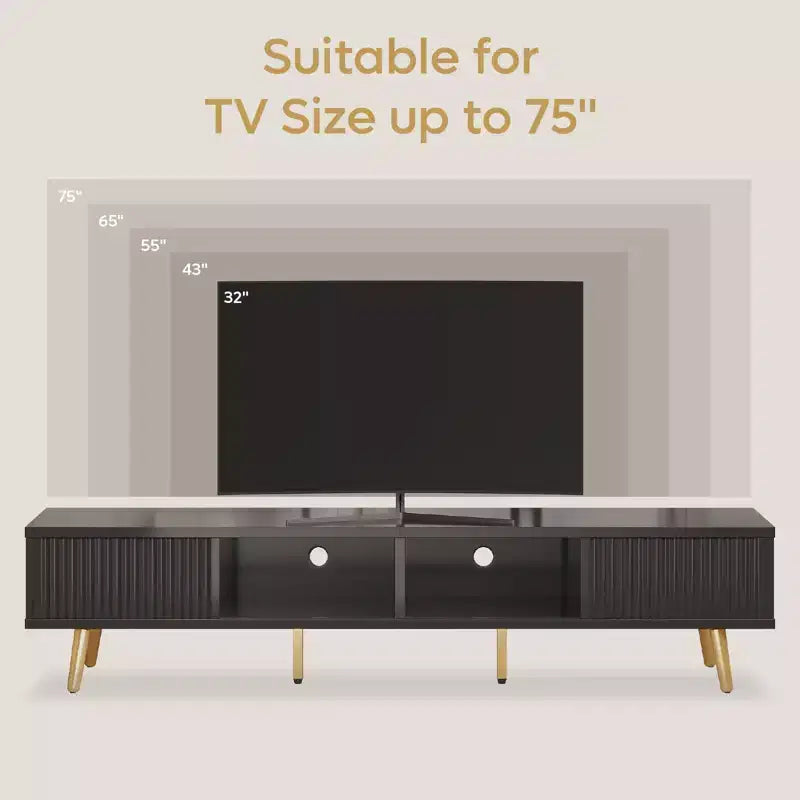 Meuble TV moderne Bestier 71 pour téléviseur 75/80 pouces avec portes coulissantes cannelées, centre de divertissement haute brillance avec rangement pour salon, gestion des câbles