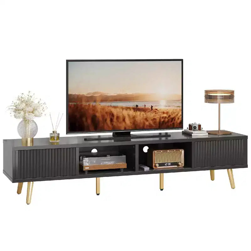 Meuble TV moderne Bestier 71 pour téléviseur 75/80 pouces avec portes coulissantes cannelées, centre de divertissement haute brillance avec rangement pour salon, gestion des câbles