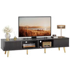 Meuble TV moderne Bestier 71 pour téléviseur 75/80 pouces avec portes coulissantes cannelées, centre de divertissement haute brillance avec rangement pour salon, gestion des câbles