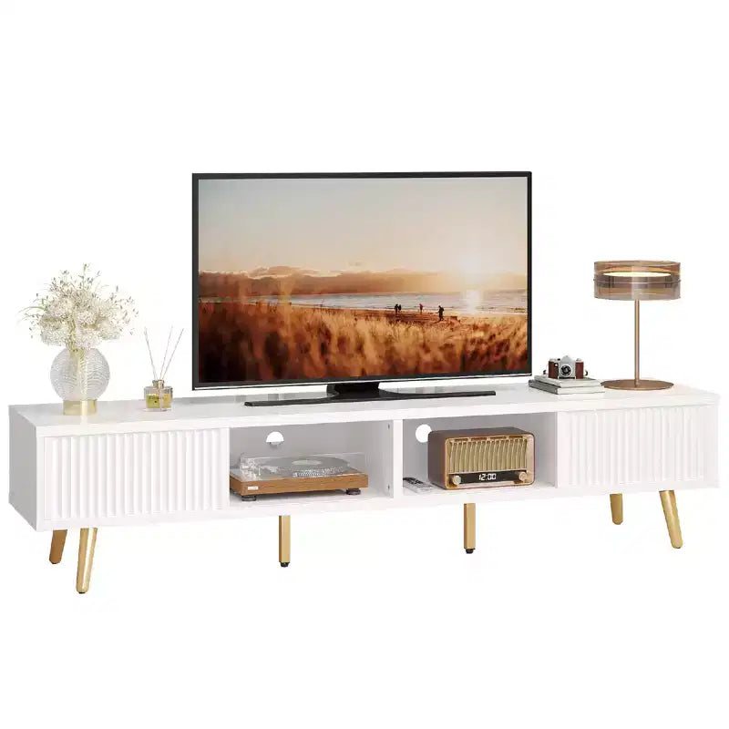 Meuble TV moderne Bestier 71 pour téléviseur 75/80 pouces avec portes coulissantes cannelées, centre de divertissement haute brillance avec rangement pour salon, gestion des câbles