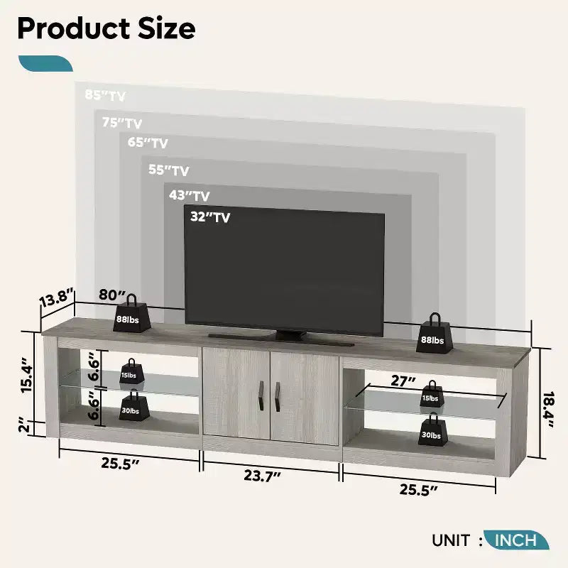 Meuble TV Bestier 70'' avec LED pour téléviseurs jusqu'à 75'', meuble de divertissement pour salon