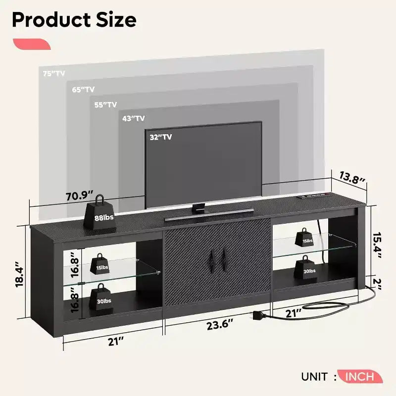 Meuble TV Bestier 70'' avec LED pour téléviseurs jusqu'à 75'', meuble de divertissement pour salon