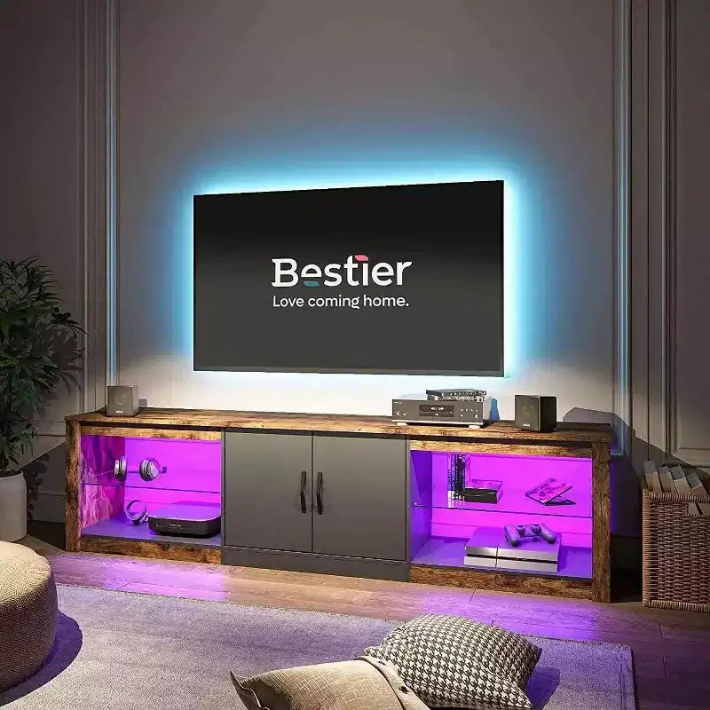 Meuble TV Bestier 70'' avec LED pour téléviseurs jusqu'à 75'', meuble de divertissement pour salon