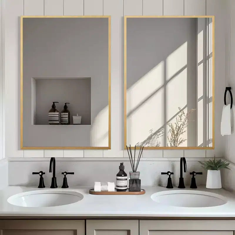 Miroir rectangulaire sophistiqué en aluminium doré de 91 cm avec cadre fin, angles droits, profondeur de 1,5 cm (double face)