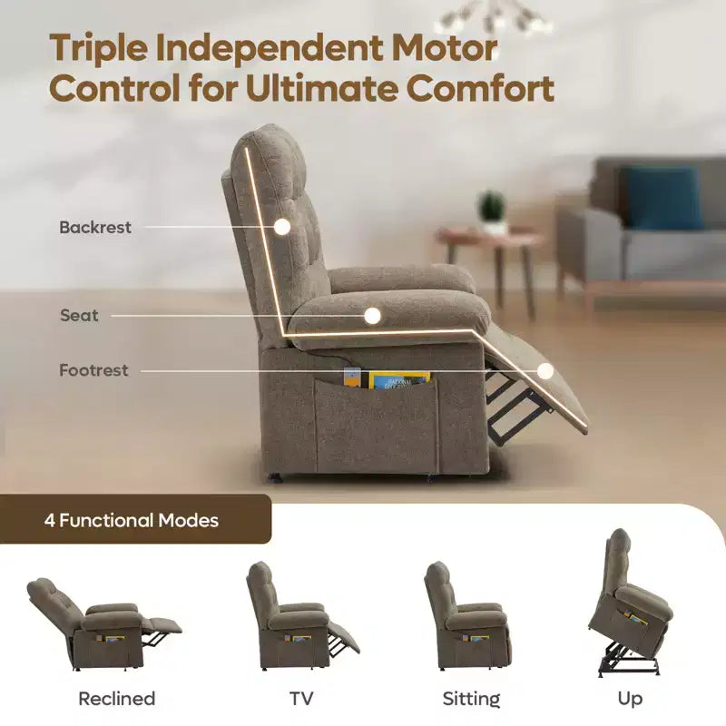 Fauteuil inclinable électrique Bestier Power Lift pour personnes âgées, inclinable électrique à angle réglable avec triple moteur, pochette latérale et fauteuil inclinable doux pour salon et chambre à coucher
