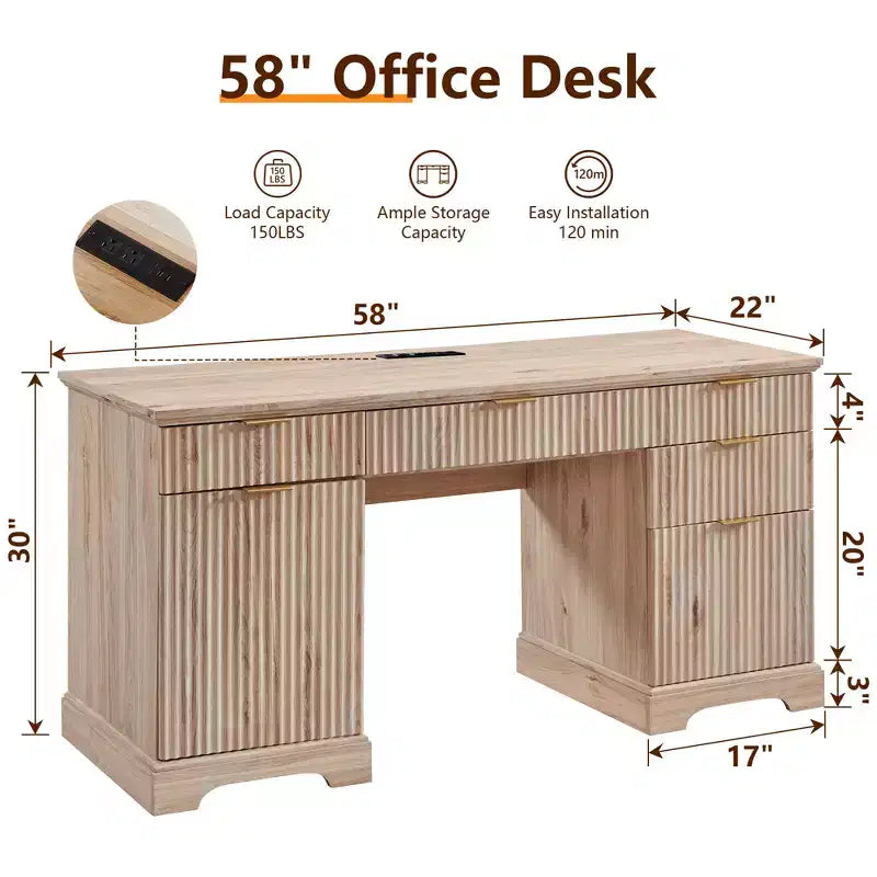 Bureau SinCiDo 58, bureau d'ordinateur moderne à rainures, avec 5 tiroirs et 1 meuble de rangement réglable, bureau pour l'étude et la chambre
