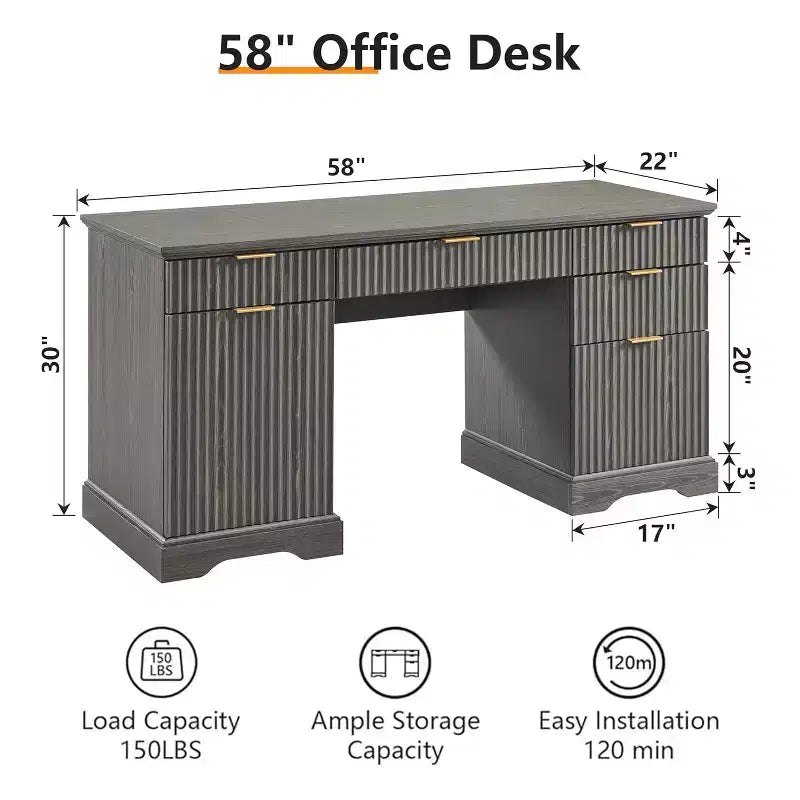 Bureau SinCiDo 58, bureau d'ordinateur moderne à rainures, avec 5 tiroirs et 1 meuble de rangement réglable, bureau pour l'étude et la chambre