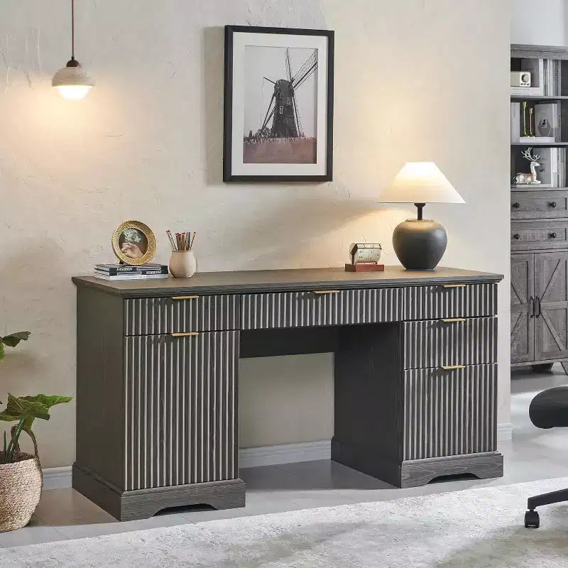Bureau SinCiDo 58, bureau d'ordinateur moderne à rainures, avec 5 tiroirs et 1 meuble de rangement réglable, bureau pour l'étude et la chambre