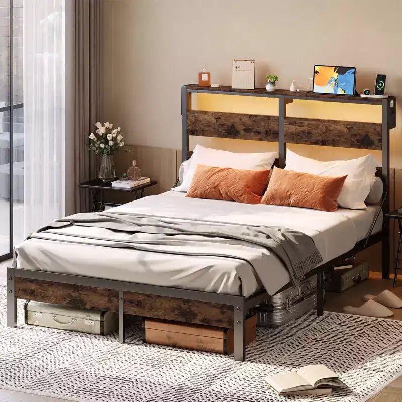 Lit double Bestier avec lumières LED et station de recharge – Tête de lit haute, rangement sous le lit, silencieux, montage facile