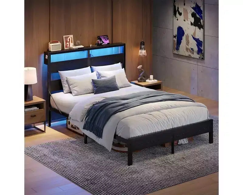 Lit double Bestier avec lumières LED et station de recharge – Tête de lit haute, rangement sous le lit, silencieux, montage facile