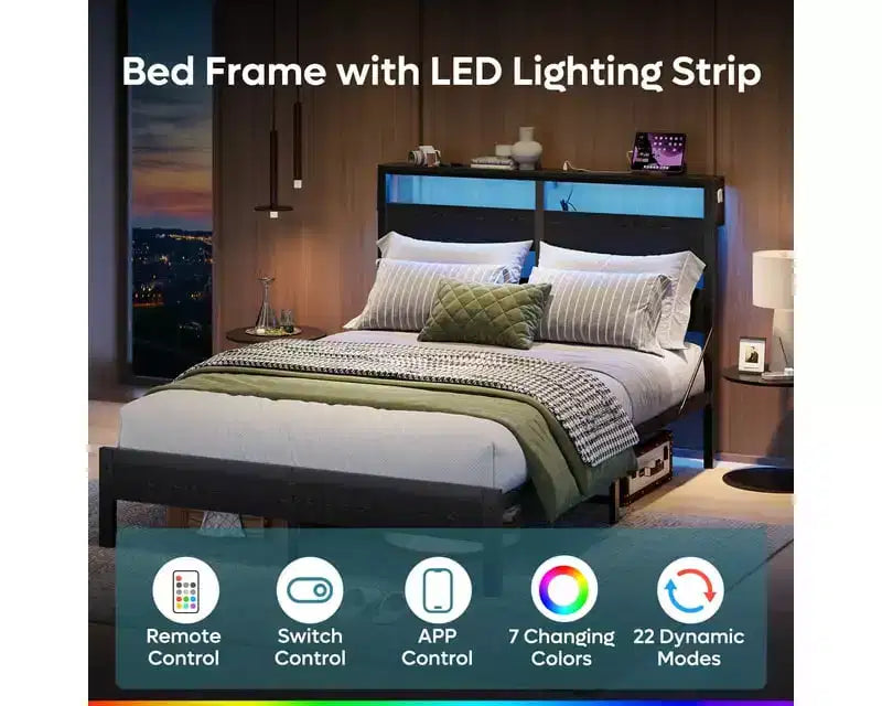Lit double Bestier avec lumières LED et station de recharge – Tête de lit haute, rangement sous le lit, silencieux, montage facile