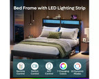 Lit double Bestier avec lumières LED et station de recharge – Tête de lit haute, rangement sous le lit, silencieux, montage facile