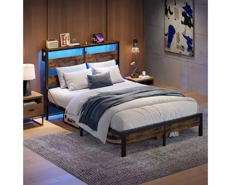 Lit double Bestier avec lumières LED et station de recharge – Tête de lit haute, rangement sous le lit, silencieux, montage facile