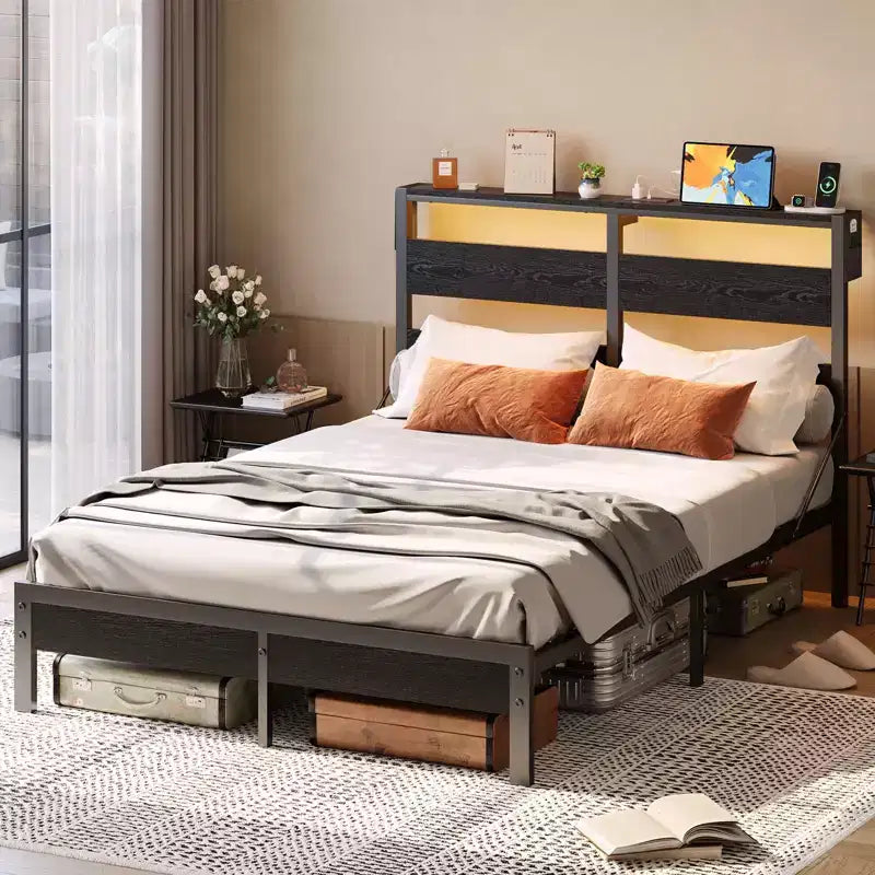 Lit double Bestier avec lumières LED et station de recharge – Tête de lit haute, rangement sous le lit, silencieux, montage facile