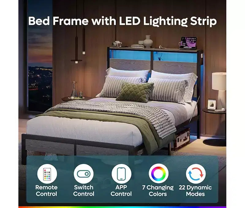Lit double Bestier avec lumières LED et station de recharge – Tête de lit haute, rangement sous le lit, silencieux, montage facile