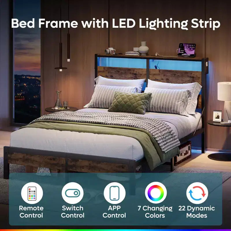 Lit double Bestier avec lumières LED et station de recharge – Tête de lit haute, rangement sous le lit, silencieux, montage facile