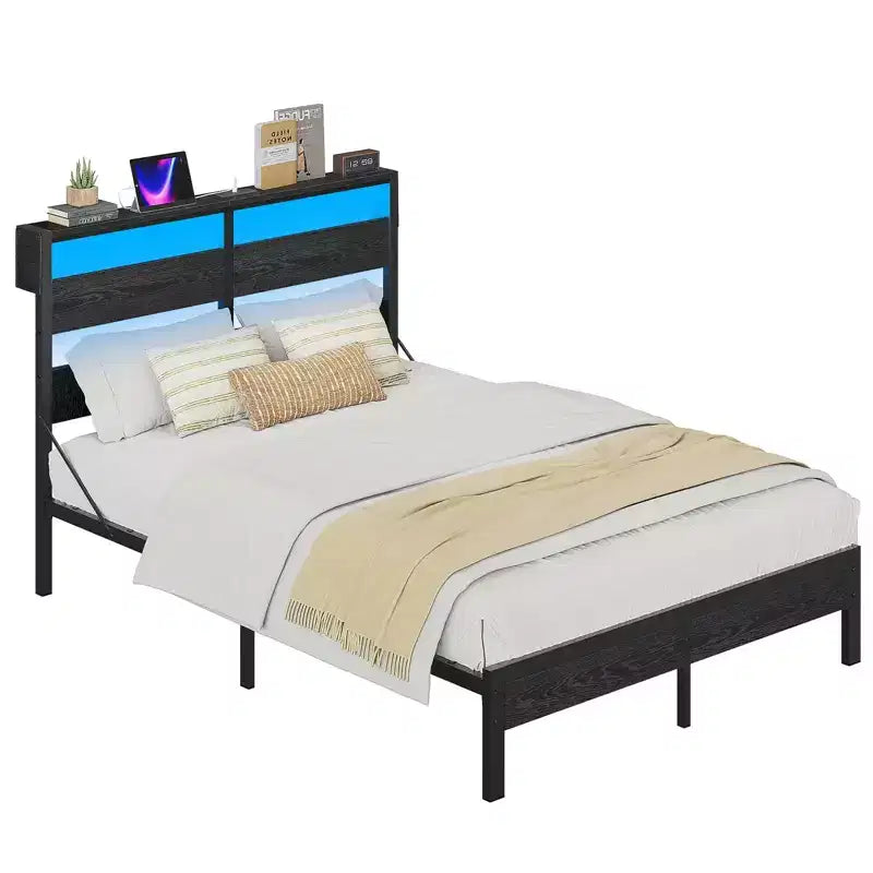 Lit double Bestier avec lumières LED et station de recharge – Tête de lit haute, rangement sous le lit, silencieux, montage facile
