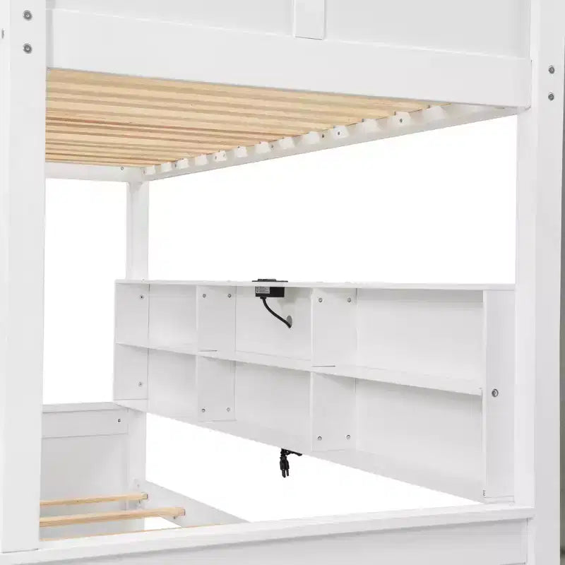 Lit superposé double XL/grand XL sur grand lit avec armoires de rangement et ports USB, construction robuste en bois de pin - ModernLuxe