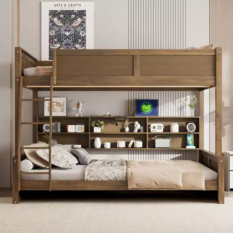 Lit superposé double XL/grand XL sur grand lit avec armoires de rangement et ports USB, construction robuste en bois de pin - ModernLuxe