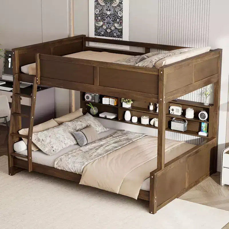Lit superposé double XL/grand XL sur grand lit avec armoires de rangement et ports USB, construction robuste en bois de pin - ModernLuxe