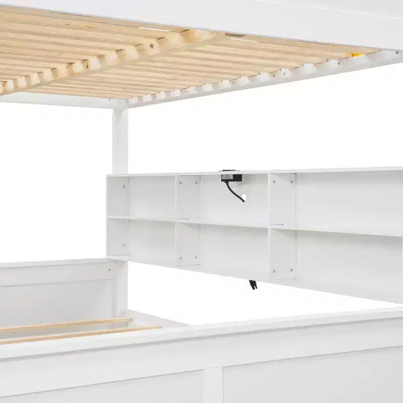 Lit superposé double XL/grand XL sur grand lit avec armoires de rangement et ports USB, construction robuste en bois de pin - ModernLuxe