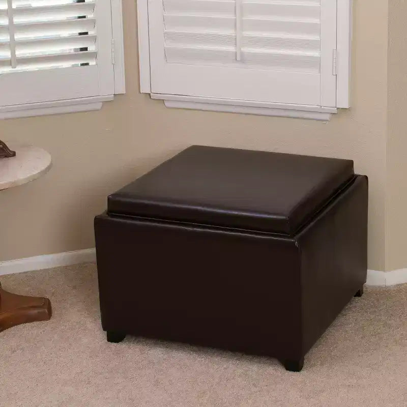 GDFStudio Brunello Pouf de rangement contemporain en cuir collé avec plateau, marron chocolat/marron foncé