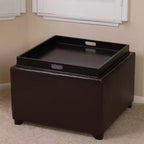 GDFStudio Brunello Pouf de rangement contemporain en cuir collé avec plateau, marron chocolat/marron foncé