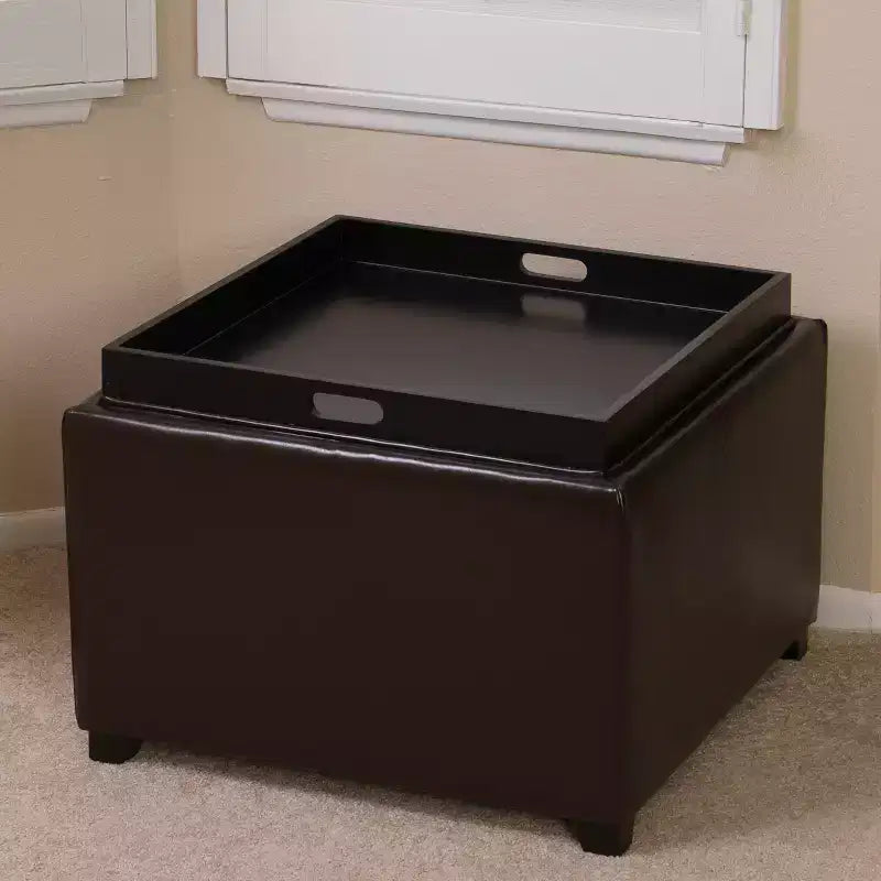 GDFStudio Brunello Pouf de rangement contemporain en cuir collé avec plateau, marron chocolat/marron foncé
