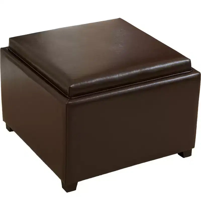GDFStudio Brunello Pouf de rangement contemporain en cuir collé avec plateau, marron chocolat/marron foncé