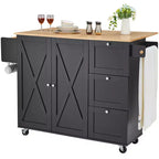 VEVOR Kitchen Island Cart, 56 Wood Top Mobile Carts with Storage Cabinet, Rolling Table with Drop Leaf, Spice Rack, Towel Bar, Adjustable Shelf
