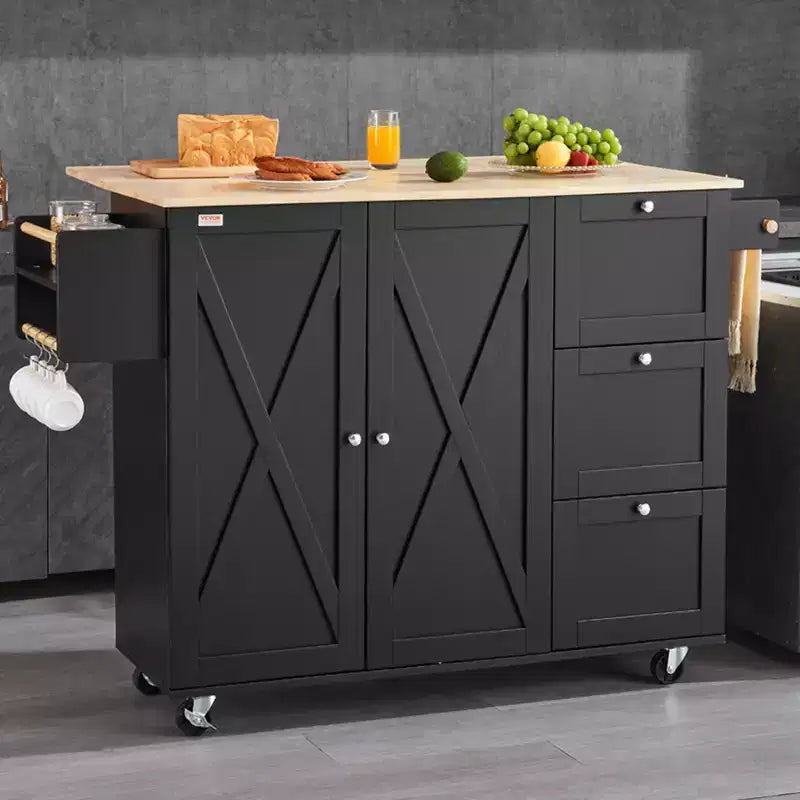 Desserte d'îlot de cuisine VEVOR, chariot mobile de 56 po avec plateau en bois, armoire de rangement, table roulante avec abattant, étagère à épices, porte-serviettes, étagère réglable